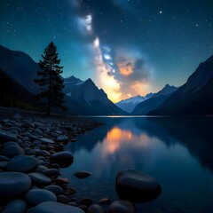 Peaceful stars above mountain range lake high resolution picture