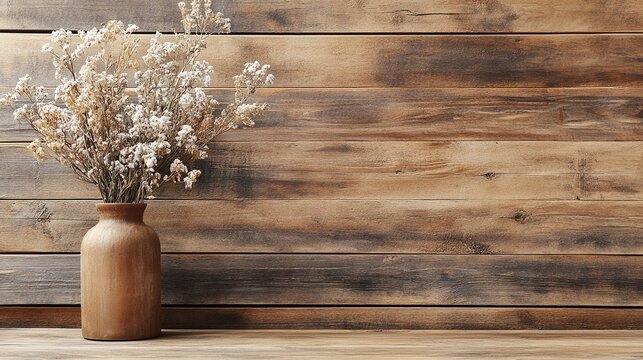 Rustic wooden wall with a vase of dried flowers, brown wood background for product presentation, Minimalist country interior design, rustic farmhouse aesthetic, Background template