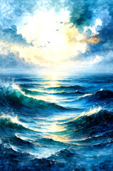 Sunlit Celestial Ocean Waves in Abstract Light, Dreamlike Flow of a Cosmic Sea -Generative AI
