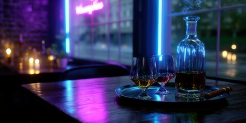 Elegant whiskey tasting setup with glasses and a decanter in a dimly lit lounge