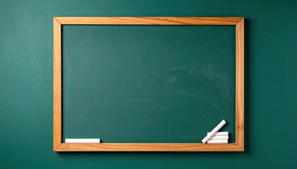 Green chalkboard with wooden frame and pieces of chalk