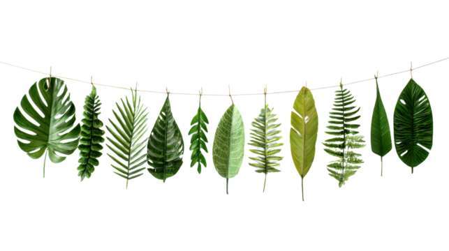 A collection of tropical leaves hanging on a rope, showcasing diverse shapes and sizes in vibrant greens.