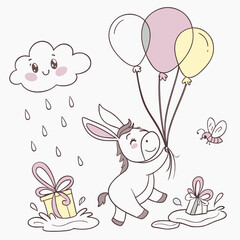 Whimsical Donkey feeling Mischievous in a Soft pastel setting with splashing in puddles – colored in Soft Pastel