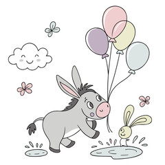 Whimsical Donkey feeling Mischievous in a Soft pastel setting with splashing in puddles – colored in Soft Pastel