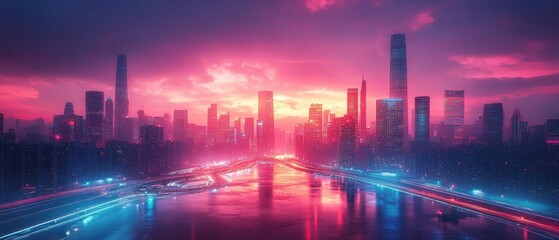 Fototapeta premium Vibrant cityscape at twilight with neon lights.