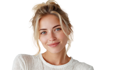 A smiling woman with blonde hair in a cozy sweater, isolated on a white background.