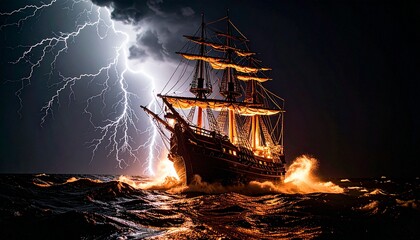 Old ship in the night with thunderstorms and lightnings on the coastlines,high detail 4k