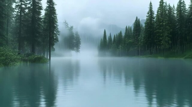 Gentle rain falling over forest lake with soft ripples and misty horizon, looped animation