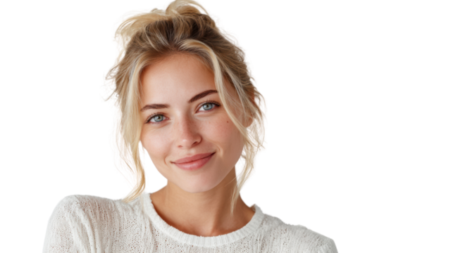 A smiling woman with blonde hair in a cozy sweater, isolated on a white background.