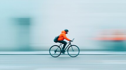 Naklejka premium Urban Cyclist Working on Laptop with Motion Blur
