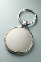 A silver keychain with a blank round fob sits on a light surface