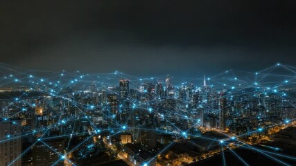 City of Connectivity: A modern metropolis glows with interconnected networks, where digital threads weave a web of communication above the urban landscape. Illuminating a smart city future. - Powered by Adobe