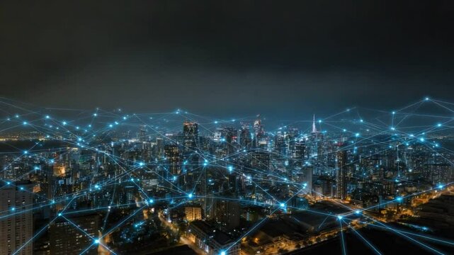 City of Connectivity:  A modern metropolis glows with interconnected networks, where digital threads weave a web of communication above the urban landscape. Illuminating a smart city future.