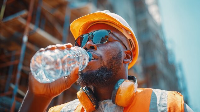 Construction worker wearing safety gear drinks water to stay hydrated on a bright sunny day at a building site.