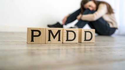 Blurred background with wooden blocks spelling PMDD symbolizing mental health awareness
