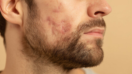 Obraz premium Close up of man with skin rash and acne scars on cheek showing discomfort and skin irritation with facial hair and neutral background