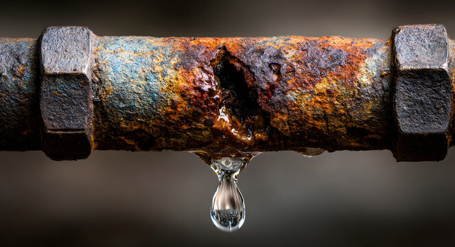 Rusty metal pipe with large hole and water leaking through crack in corroded surface. Industrial infrastructure deterioration for water management awareness, plumbing maintenance needs