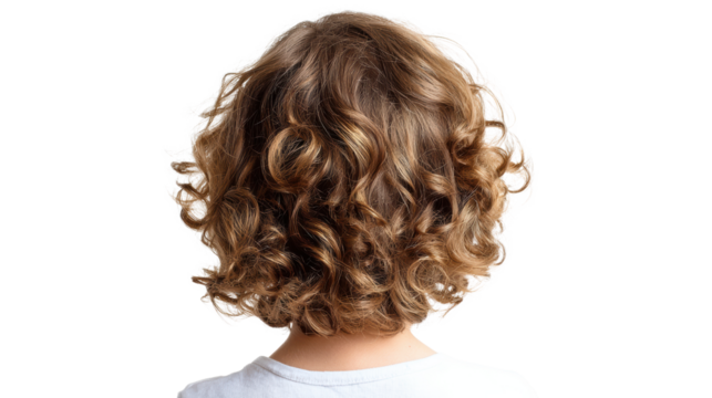 Child with curly hair, facing away, white isolate background.