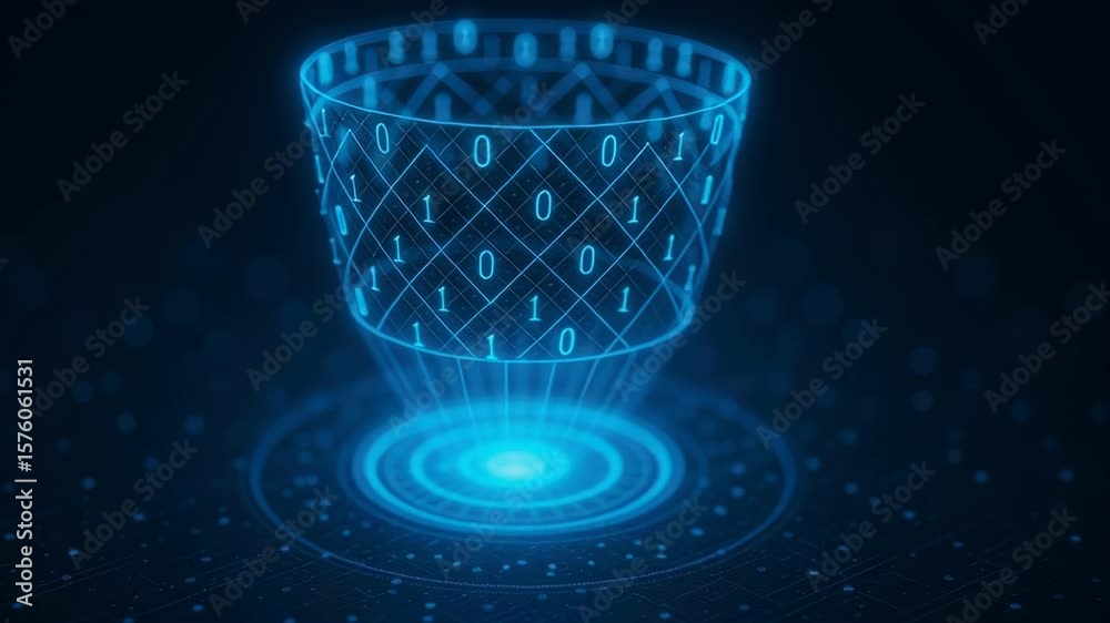 Poster Futuristic Glass Shape with Glowing Binary Code and Digital Network Elements in Dark Background
