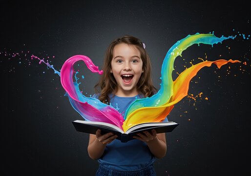 Amazed girl reading a book that bursts into a magical splash of colorful paint. Concept for imagination, creative learning, storytelling, and artistic expression in childhood.