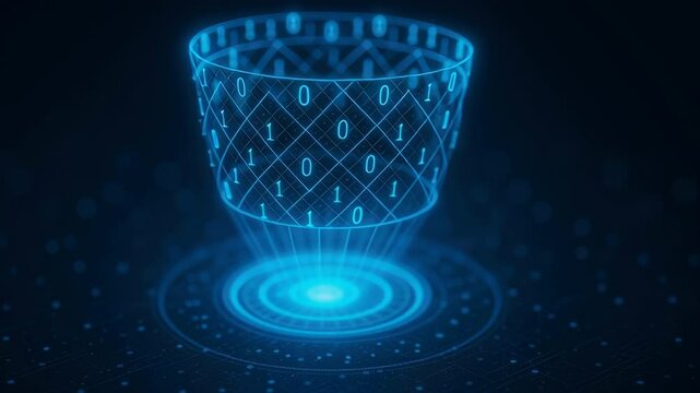 Futuristic Glass Shape with Glowing Binary Code and Digital Network Elements in Dark Background