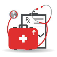 Illustration of a medical suitcase with tools and a stethoscope on a white background