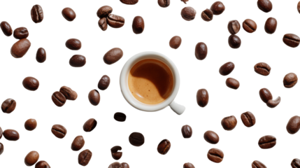 Coffee cup surrounded by scattered coffee beans on a white isolated background.