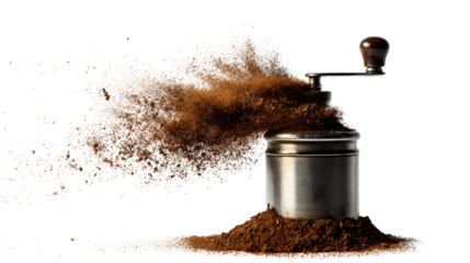 Coffee grinder with freshly ground coffee, isolated on white background.