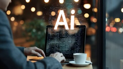 Artificial Intelligence Concept: man working remotely on a laptop computer, the screen showing text "Ai", generative ai - Powered by Adobe