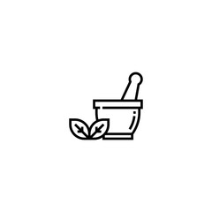 This is a simple black-and-white line icon of a mortar and pestle with two leaves placed beside it. The icon represents herbal medicine, natural remedies, or organic skincare. It evokes themes of heal
