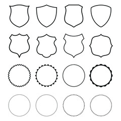 Illustration of a set of shield outlines and various circles on a white background