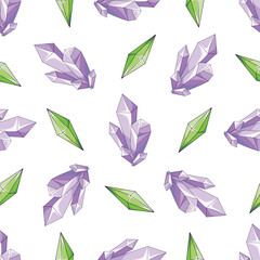 A seamless pattern with magical, light-reflecting purple and green crystals.