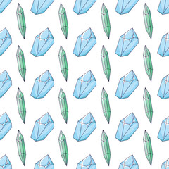 Seamless pattern with blue and green crystals on a white background