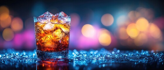 Sparkling drink in a glass with ice cubes