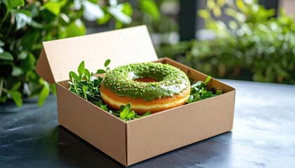 Green donut in a box of greenery