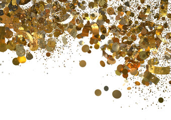 Luxury gold confetti falling on white. Festive background for celebration, party, or holiday designs.