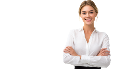 Confident woman in a white shirt with a smile, arms crossed against a white isolated background.