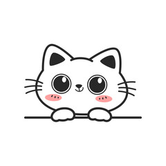 Cute happy white cat with big eye cartoon hand-drawn style peeking, Kawaii smiling cat doodle