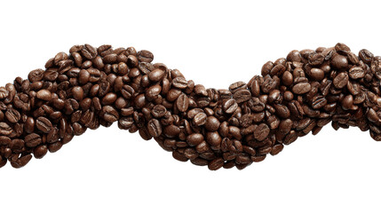 Curved line of fresh roasted coffee beans, isolated on white background.