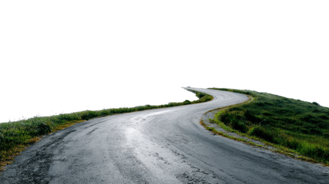 Curved road with green grass on the side, ideal for travel and adventure themes.