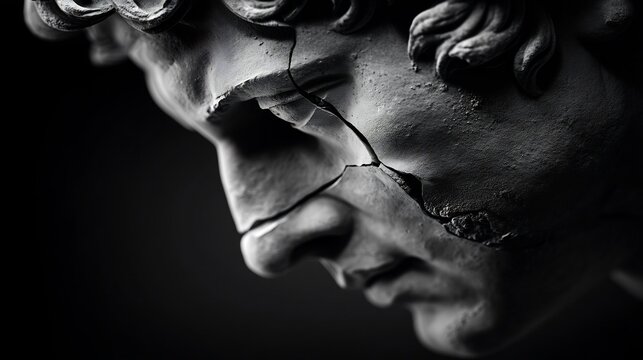 Black and white image of a cracked statue head with dramatic lighting
