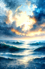 Majestic Ocean under the Golden Sunlight -Generative AI

