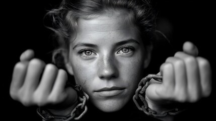 Black and white portrait depicting a young woman overcoming the chains of confinement