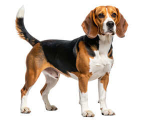 Beagle Dog in Alert Standing Pose, isolated on a transparent background.