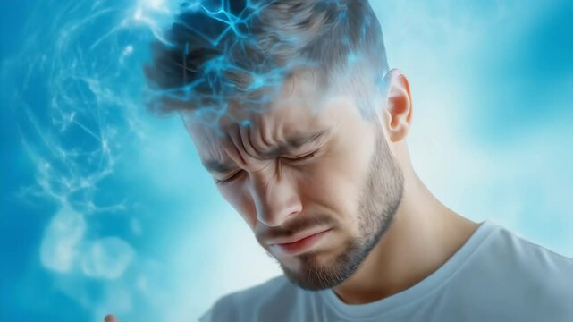 Young adult experiencing intense neural network visualization with blue digital connections overlaying head, showing pain or concentration with hand covering face.