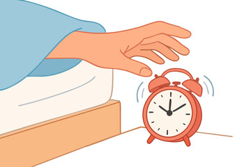 Illustration of a hand switching off a ringing alarm clock.