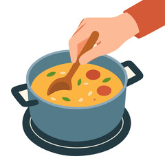 Vector of a hand stirring soup in a pot while cooking.