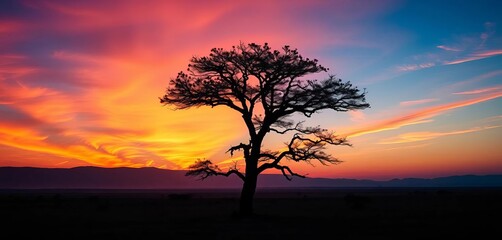 Silhouetted acacia tree at dawn, Serengeti plains, Tanzania, africa landscape, acacia