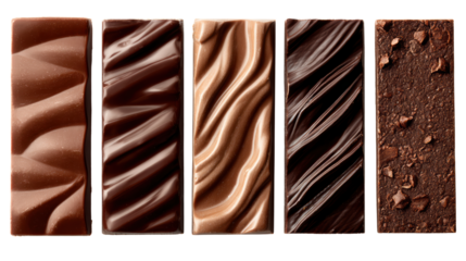 Five distinct chocolate bars with varying textures on a white isolated background.