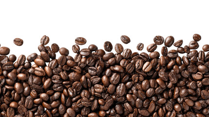 Freshly roasted coffee beans arranged on a white isolated background.